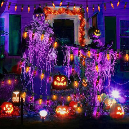 PASUTO Orange and Purple Halloween Lights - Flickering Flame String Lights, 12.8Ft Indoor Outdoor Halloween Lights C7 Retro Flame String Lights, Ideal for Fall Halloweens Decorations for Home Party