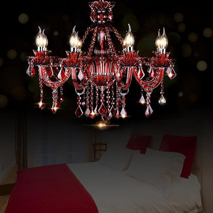 Bagood Red 8 Lights K9 Crystal Candle Chandeliers Lighting K9 Crystal Candle Chandeliers Crystal Modern Chandelier for Dining Living Room Bedroom Entry Elegant Decoration E12 Base, H22.8 x W27.2