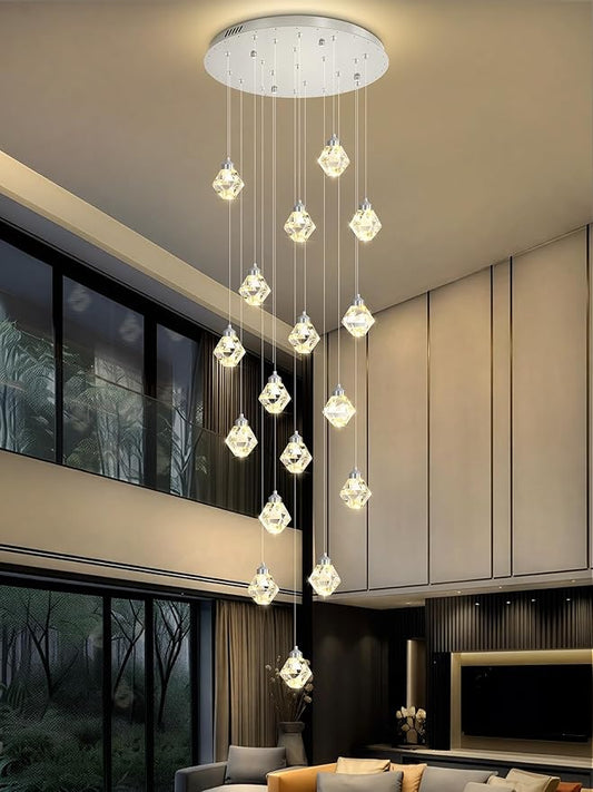 20-Light Modern Chandelier for Foyer Crystal Chandeliers for Living Room Silver Pendant Light Fixture Staircase Chandelier for High Ceilings Dimmable LED Hanging Light with Remote