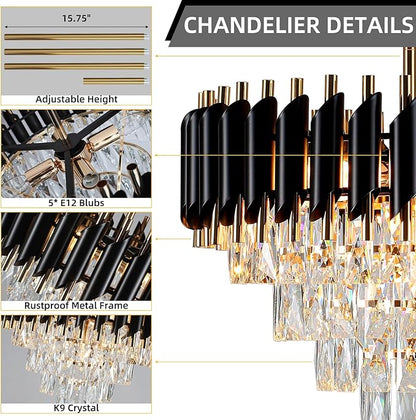 Modern Crystal Chandelier 5-Lights Black and Gold Chandelier for Dining Room Light Fixture 4-Tier Round Pendant Flush Mount Chandeliers Ceiling Lighting for Living Room Kitchen Bedroom Foyer