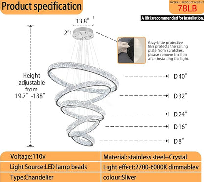 Extra Large 5 Ring Crystal Chandelier High Ceiling Chandeliers for Foyer,Modern Luxury Crystal Ring Chandelier Dimmable Led Ceiling Lighting for Staircase Villa D8''+15.7"+23.6"+31.5"+39.4"
