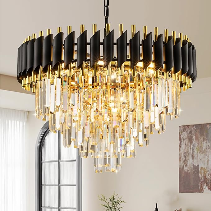24" Black and Gold Crystal Chandelier Contemporary Large Crystals Chandeliers 5-Tier K9 Crystal Pendant Lamp 8-Light for Dinning Room Living Room Entryway Staircase