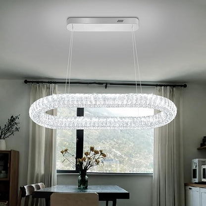 Crystal Ring Chandelier, 31.5'' Chrome Crystal Ring Pendant Light for Kitchen Island Modern Linear Oval Chandeliers for Dining Room Dimmable 3000K-6000K