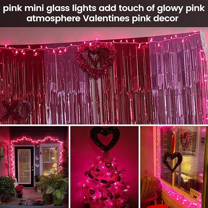 TIGOMOOV Pink Mini Christmas String Lights, 21ft 100 Count Incandescent Lights with White Cord, Plug in Pink Fairy Lights for Christmas Tree Valentine's Day Bedroom Wedding Indoor Outdoor Home Decor