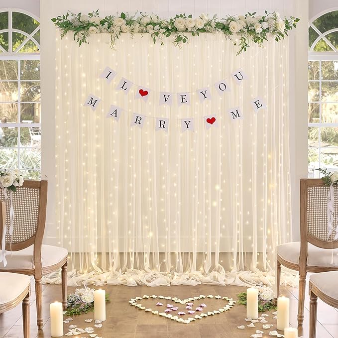 10×15ft Champagne Tulle Backdrop Curtain with Lights String for Parites Sheer Fabric Backdrop Curtains for Wedding Baby Shower Birthday Party Backdrop Drapes Bridal Shower Photo Shoot Background