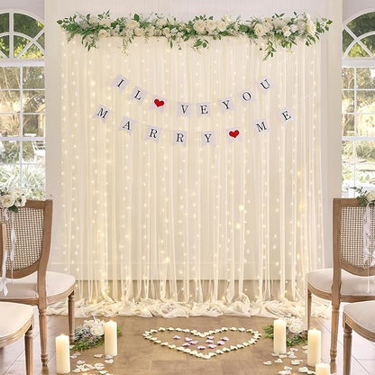 10×12ft Champagne Tulle Backdrop Curtain with Lights String for Parites Sheer Fabric Backdrop Curtains for Wedding Baby Shower Birthday Party Backdrop Drapes Bridal Shower Photo Shoot Background