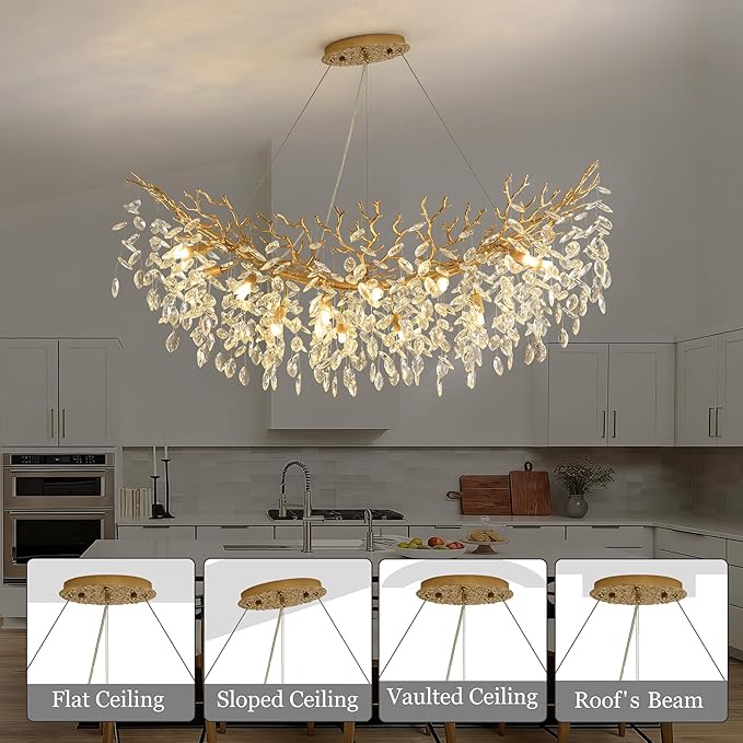 Rectangle Crystal Tree Branch Chandelier, L40'' Modern Luxury Gold Linear Art Deco Raindrop Pendant Lighting Fixture for Kitchen Island Foyer Living Room Dining Room 10 Lights
