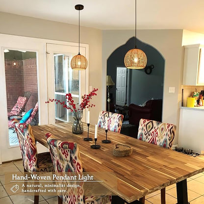 2 Pack Wicker Pendant Light Natural Woven Pendant Light Boho Chandelier Light Fixture Dome Rustic Farmhouse Pendant Lights Rattan Light Fixture for Kitchen Island Dining Room (Bulb Incl.)