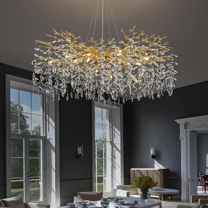 Crystal Tree Branches Chandeliers Round Raindrop Pendant Light Fixture 15 Lights for Dining Room Bedroom Living Room Entryway 39.5" Gold