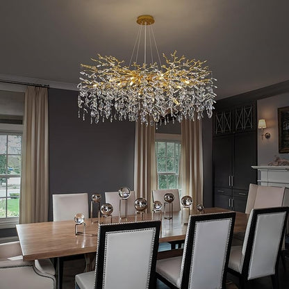 Crystal Tree Branches Chandeliers Round Raindrop Pendant Light Fixture 15 Lights for Dining Room Bedroom Living Room Entryway 39.5" Gold