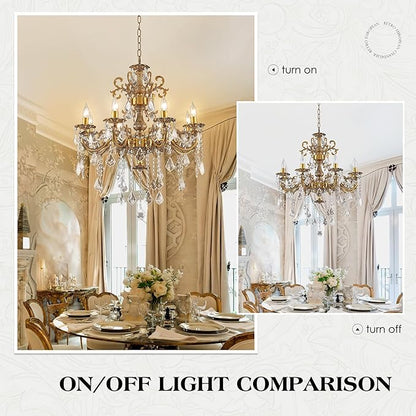 Antique Bronze Crystal Chandeliers, Candle Pendant Ceiling Light Fixture 8-Lights Luxury Gold Crystal Chandelier Adjustable Chain for Dining Living Room Bedroom Hallway 27 Inch