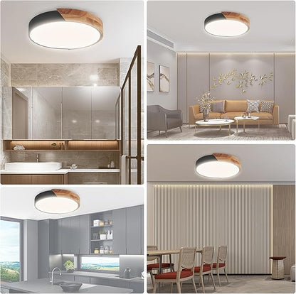 Wood LED Flush Mount Ceiling Light, 3CCT 3000K-6500K Modern Black Close to Ceiling Lighting Fixtures, Minimalist Round Ceiling Light for Bedroom, Kitchen, Hallway, Laundry Room, Not Dimmable