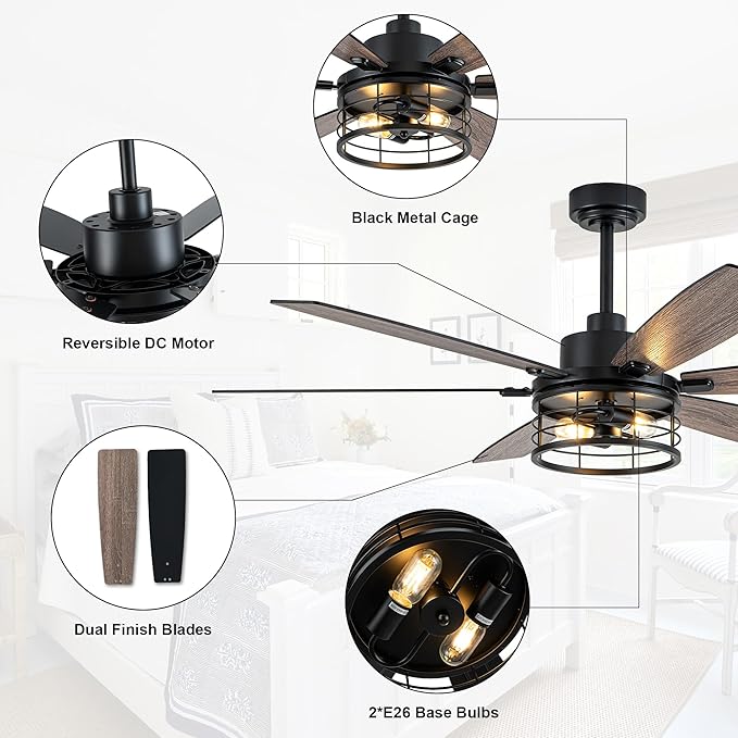 Farmhouse Ceiling Fan with Lights and Remote Large Rustic Ceiling Fan Caged Fandelier Industrial Chandelier Light, Reversible Quiet DC Motor 6 Speed for Indoor Outdoor (Industrial, 60 Inch)