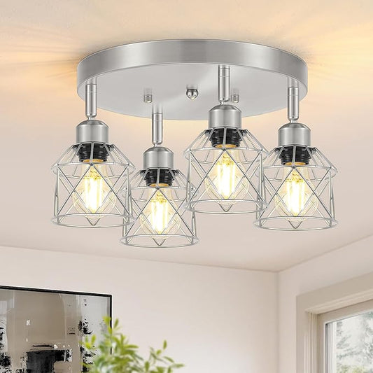 Baocuz 4-Light Brushed Nickel Kitchen Light Fixtures, Modern Hallway Light Fixtures Ceiling, Adjustable Multi-Directional Indoor Silver Metal Cage Close to Ceiling Lights for House Bedroom
