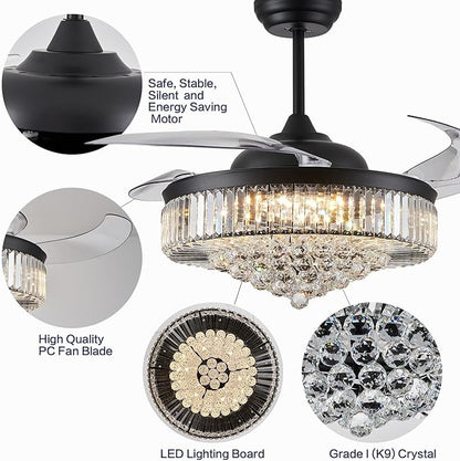 DuMaiWay 52" Dimmable Chandelier Ceiling Fan with Lights,Retractable Crystal Ceiling Fan Chandelier with Remote Control LED Light for Bedroom Living Room Polished Chrome Black 6 Speed 3 Light