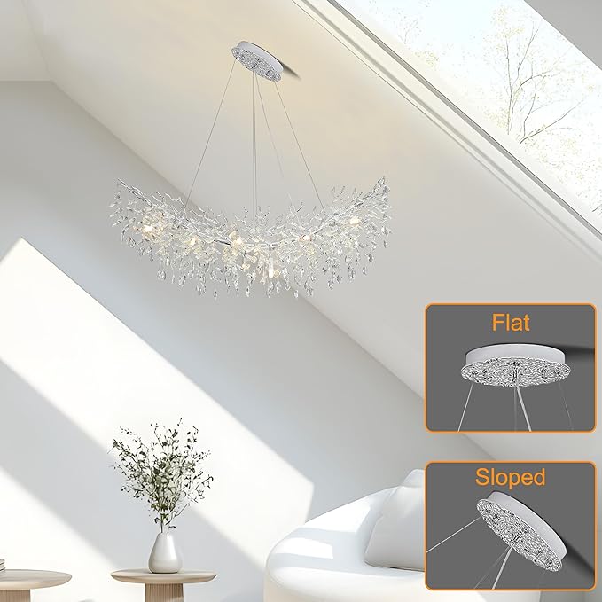 Modern Crystal Tree Branches Chandelier, 47.5in Silver 12 Lights Large Ceiling Hanging Light for Dining Room, Arc Raindrop Pendant Light Fixture