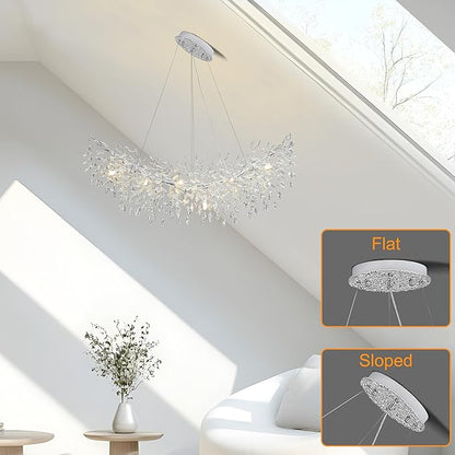 Modern Crystal Tree Branches Chandelier, 47.5in Silver 12 Lights Large Ceiling Hanging Light for Dining Room, Arc Raindrop Pendant Light Fixture