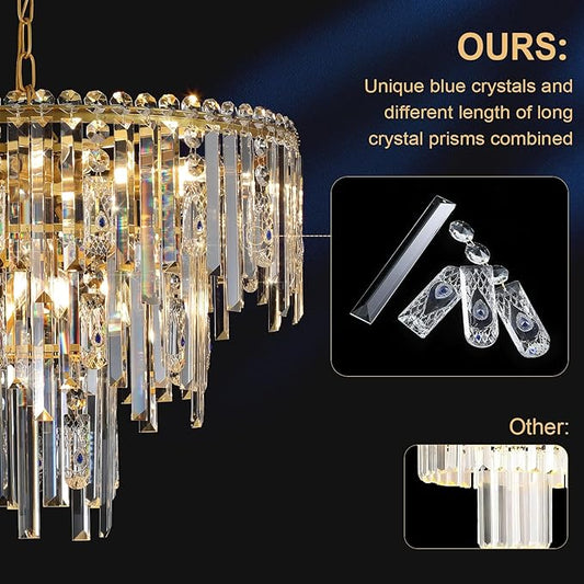 A AXILIXI Gold Crystal Chandeliers, 24” Modern Round Chandelier for Dining Room 3 Tiers 12 Lights Ceiling Pendant Light Fixtures Large Ceiling Chandeliers for Foyer Living Room Bedroom