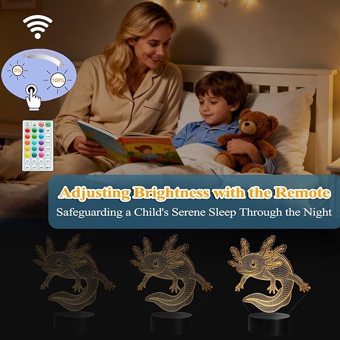 Axolotl Night Light, Axolotl Gifts, 3D Illusion Lamp with Remote Control, 16 RGB Colors, 4 Flashing Modes, Timer, Dimmable, Axolotl Toys Stuff for Decor for Holiday Birthday Christmas