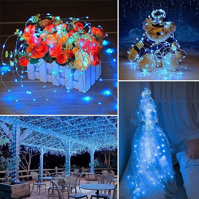 Solar String Lights Outdoor Waterproof 33ft 100LED 8 Modes Twinkle Lights Solar Fairy Lights for Patio, Garden Yard Party Wedding Tree Christmas Halloween Decoration, Blue