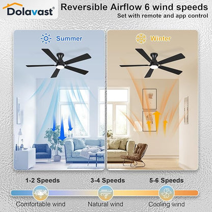 Ceiling Fans with Lights, 60 Inch Low Profile Ceiling Fan with Light and Remote Control, Flush Mount, Reversible, 3CCT, Dimmable LED, Quiet, Black Ceiling Fan for Bedroom, Living Room