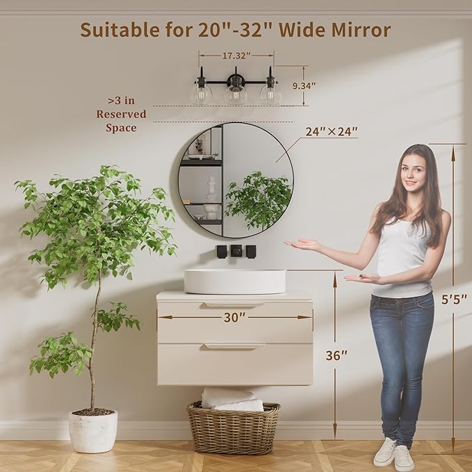 Black Vanity Light, Modern 3 Light Bathroom Light Fixtures Over Mirror Matte Black Bathroom Vanity Light with Globe Glass Shade, E26 Base, 17 Inch, UL Listed