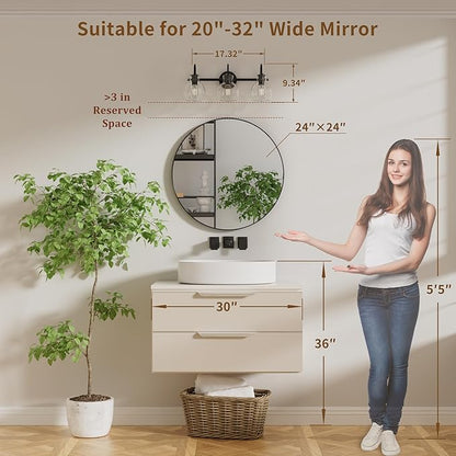 Black Vanity Light, Modern 3 Light Bathroom Light Fixtures Over Mirror Matte Black Bathroom Vanity Light with Globe Glass Shade, E26 Base, 17 Inch, UL Listed