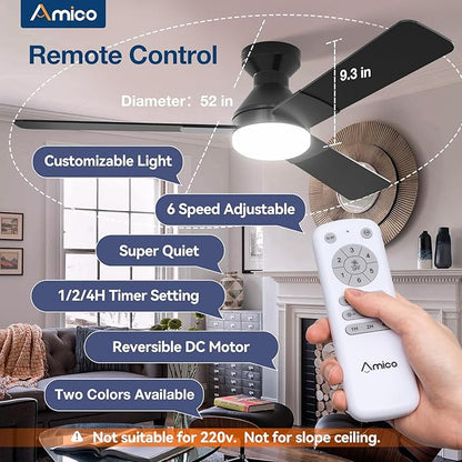 Amico Ceiling Fans with Lights, 52 inch Low Profile Ceiling fan with Light and Remote Control, Flush Mount, Reversible, 3CCT, Dimmable, Noiseless, Black Ceiling Fan for Bedroom, Indoor/Outdoor Use