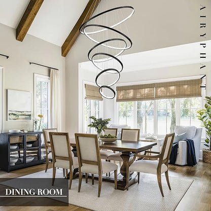 6 Rings Chandelier High Ceiling, Black Modern LED Chandeliers with Remote Control Large Foyer Chandelier Entryway Dimmable Pendant Light Fixture for Living Room Staircase, 3000-6500K