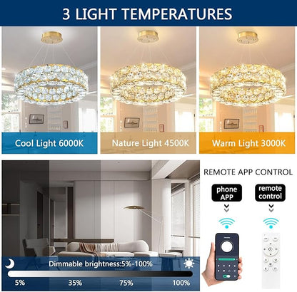 Crystal Chandeliers Modern Rings Pendant Light LED Dimmable Ceiling Light for Bedroom Dinning Room Kitchen Gold