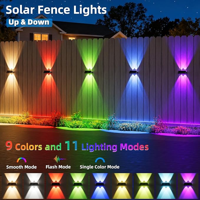 NIORSUN Solar Fence Lights Outdoor, 8 Pack Up and Down Waterproof Solar Wall Lights, Warm & Cool White + RGB, Fence Lights with Lens, Dusk to Dawn Lighting for Patio, Backyard, Pool, Railing (Black)