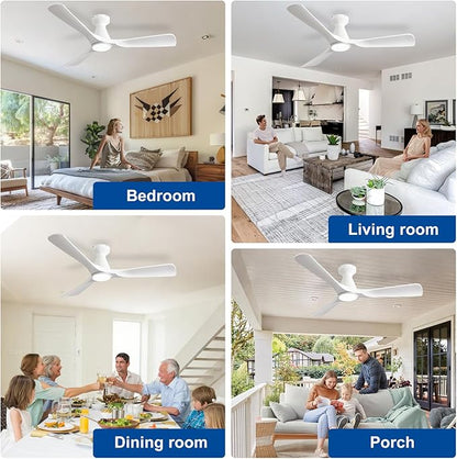 DLLT 52-Inch Ceiling Fans with Lights: Flush Mount Ceiling Fan 3 Blades for Indoor Outdoor - White Ceiling Fan with Remote APP Control Noiseless for Low Profile Bedroom