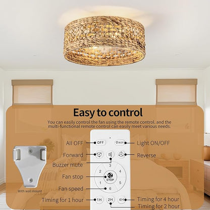 Handwoven Boho Ceiling Fan with Light,Rattan Caged Ceiling Fans with Lights and Remote Control Flush Mount Low Profile Enclosed 6 Speeds Fandelier for Bedroom,Living Room,Dining Room,4-Light