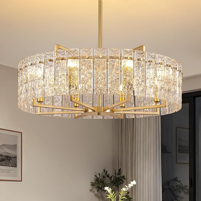 31.5" Modern Water Ripple Glass Chandeliers, Luxury 8-Light Round Drum Chandelier, Large Gold Pendant Lighting Fixtures for Living Room Dining Room Bedroom Hotel