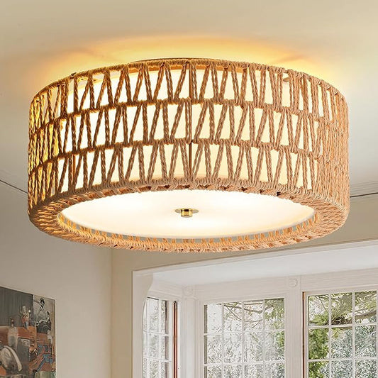 Boho Rattan Ceiling Light 15.7" Flush Mount Ceiling Light 3-Light Rattan Light Fixture, Bohemian Semi Flush Mount Ceiling Light Bedroom Ceiling Light for Dining Room Hallway Entryway Foyer