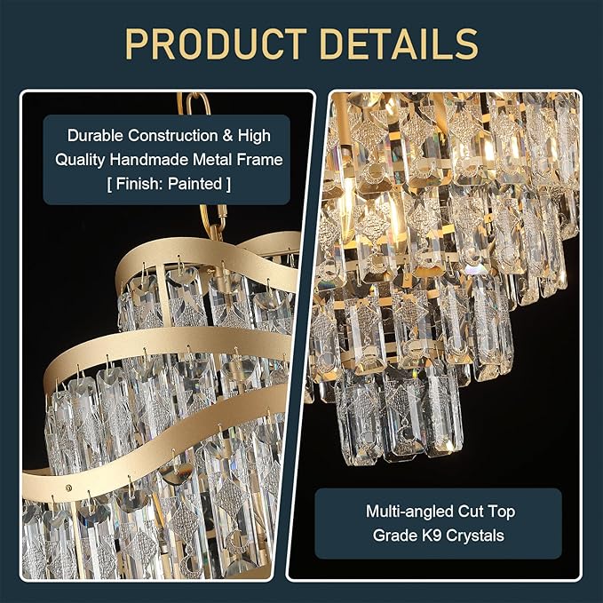 9-Tier Gold Crystal Chandelier 16 Lights Luxury Light Fixtures 24" K9 Crystal Pendant Ceiling Lighting for Living Room Dining Room Foyer Bedroom Kitchen, E12