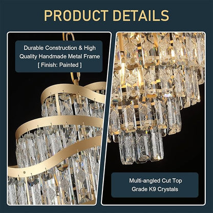 9-Tier Gold Crystal Chandelier 16 Lights Luxury Light Fixtures 24" K9 Crystal Pendant Ceiling Lighting for Living Room Dining Room Foyer Bedroom Kitchen, E12