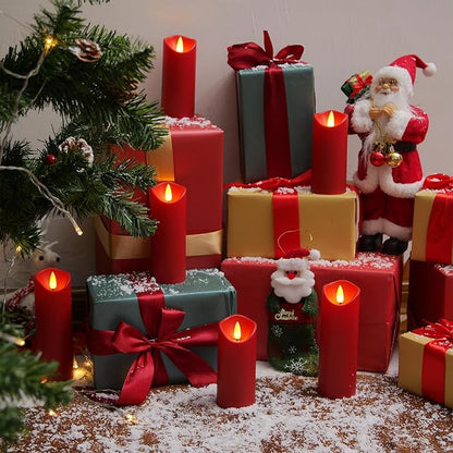 Homemory Christmas Flameless Candles, Battery Operated Candles with Remote Timers, Electric Fake Candles for Home, Christmas Decoration, Made of Plastic, Red/Burgundy, Set of 9