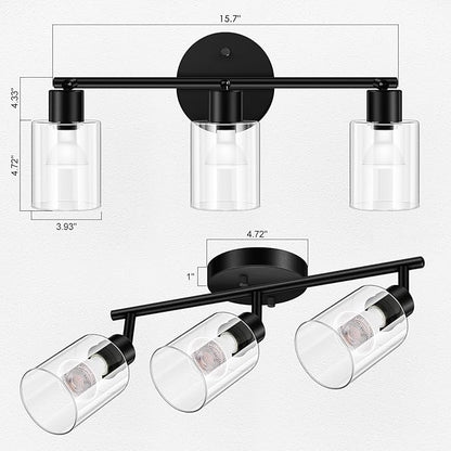 3 Light Led Track Lighting Kit, Glass Lightshade, Modern 3 Way Ceiling Spot for Kitchen, Dining Room, Bedroom, Hallway, Flexibly Rotatable Head, Black, GU10 Bulb Not Included