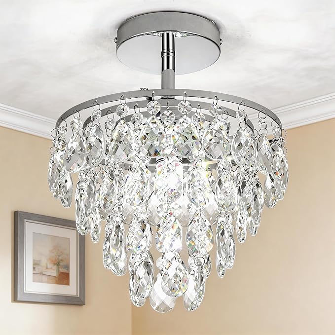 Mini Crystal Chandelier Small Modern Crystal Flush Mount Ceiling Light for Hallway Closet, E26 Base, K9 Crystal (Chrome-Ceiling)