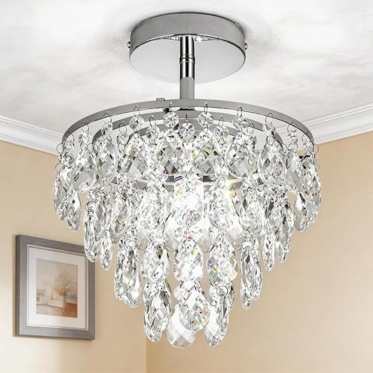 Mini Crystal Chandelier Small Modern Crystal Flush Mount Ceiling Light for Hallway Closet, E26 Base, K9 Crystal (Chrome-Ceiling)