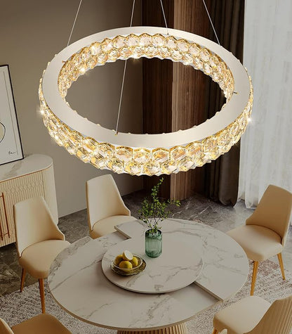 Modern Ring Chandelier, Crystal Chandeliers for Dining Room Round LED Ceiling Light Fixture for Living Room Bedroom Lighting Dimmable with Remote Ring Lights, 24inch Width Light