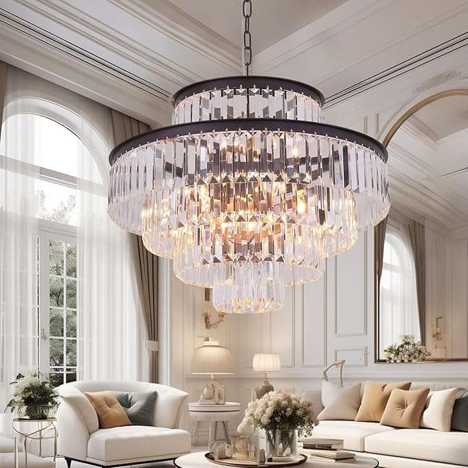 Modern Crystal Chandelier Pendant Ceiling Lights 5-Tier Chandeliers for Dining Rooms Foyer Hallway 13-Lights (Dia 24 Inch)-Oil Brown