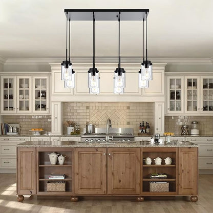 MELUCEE 8 Lights Linear Chandelier Lighting Black Island Light for Kitchen, 31.5 Inches Cluster Pendant Light Fixtures Hanging Foyer Lighting Dining Room Lights with Clear Glass Shade