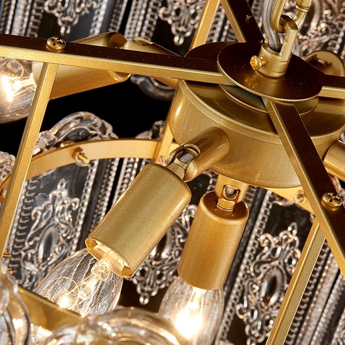 5-Lights Luxury Glass Chandeliers, Mid-Century Modern Chandeliers for Dining Room, D18.5'' × H18.9'', Adjustable Height (18.9"~51.2"), Gold Finish Frame & Double Figured Glass Shade