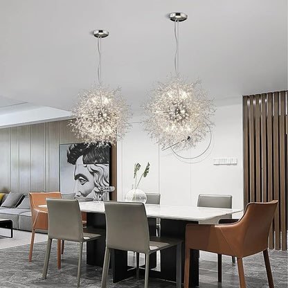 Sputnik Crystal Chandeliers, 12 Lights Dandelion Chandelier Chrome, Modern Firework Pendant Light Fixture for Kitchen Island Dining Room Bedroom