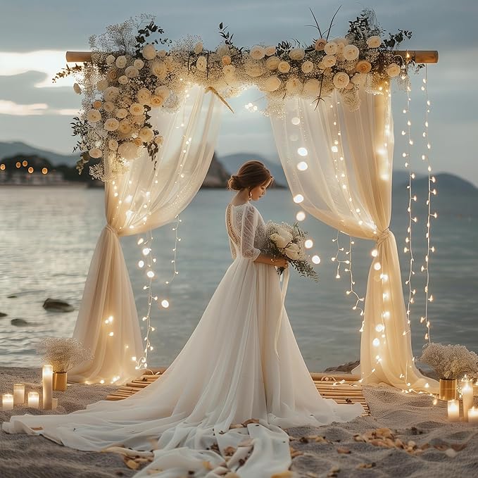 Fomcet Tulle Curtains with Lights String Champagne 20FT X 8FT Sheer Backdrop Curtains for Parties Wedding Baby Shower Photo Shoot Decorations (4 Panels 5x8FT)