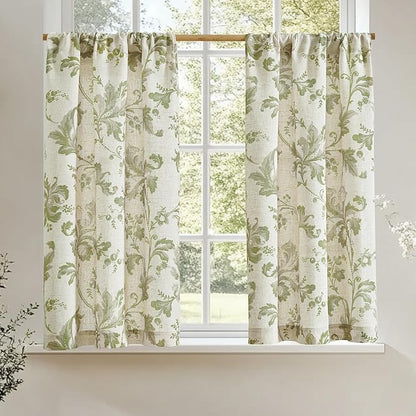 jinchan Linen Kitchen Curtains 36 Inch Vintage Floral Tier Curtains Farmhouse Cottage Cafe Rod Pocket Country Small Window for Laundry Room Bathroom RV 2 Panels Green on Beige