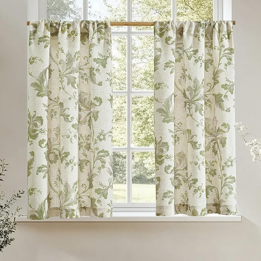 jinchan Linen Kitchen Curtains 36 Inch Vintage Floral Tier Curtains Farmhouse Cottage Cafe Rod Pocket Country Small Window for Laundry Room Bathroom RV 2 Panels Green on Beige