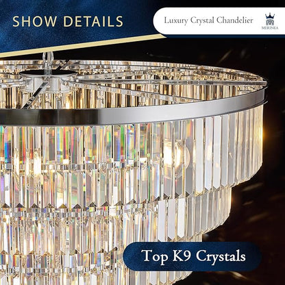 Chrome Crystal Chandelier Large 36" Modern Round Staircase Chandeliers 22 Lights 7-Tier Luxury K9 Crystal Ceiling Pendant Light Fixture for Tall Ceiling Living Room Foyer
